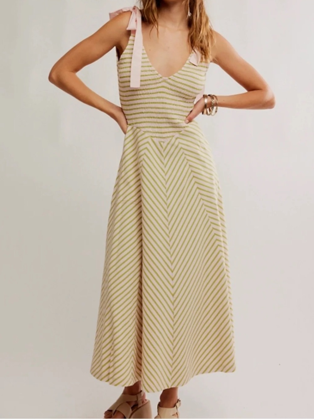 Free People Free-est Cecelia Midi Dress Striped Green Pink XS NWT Cotton